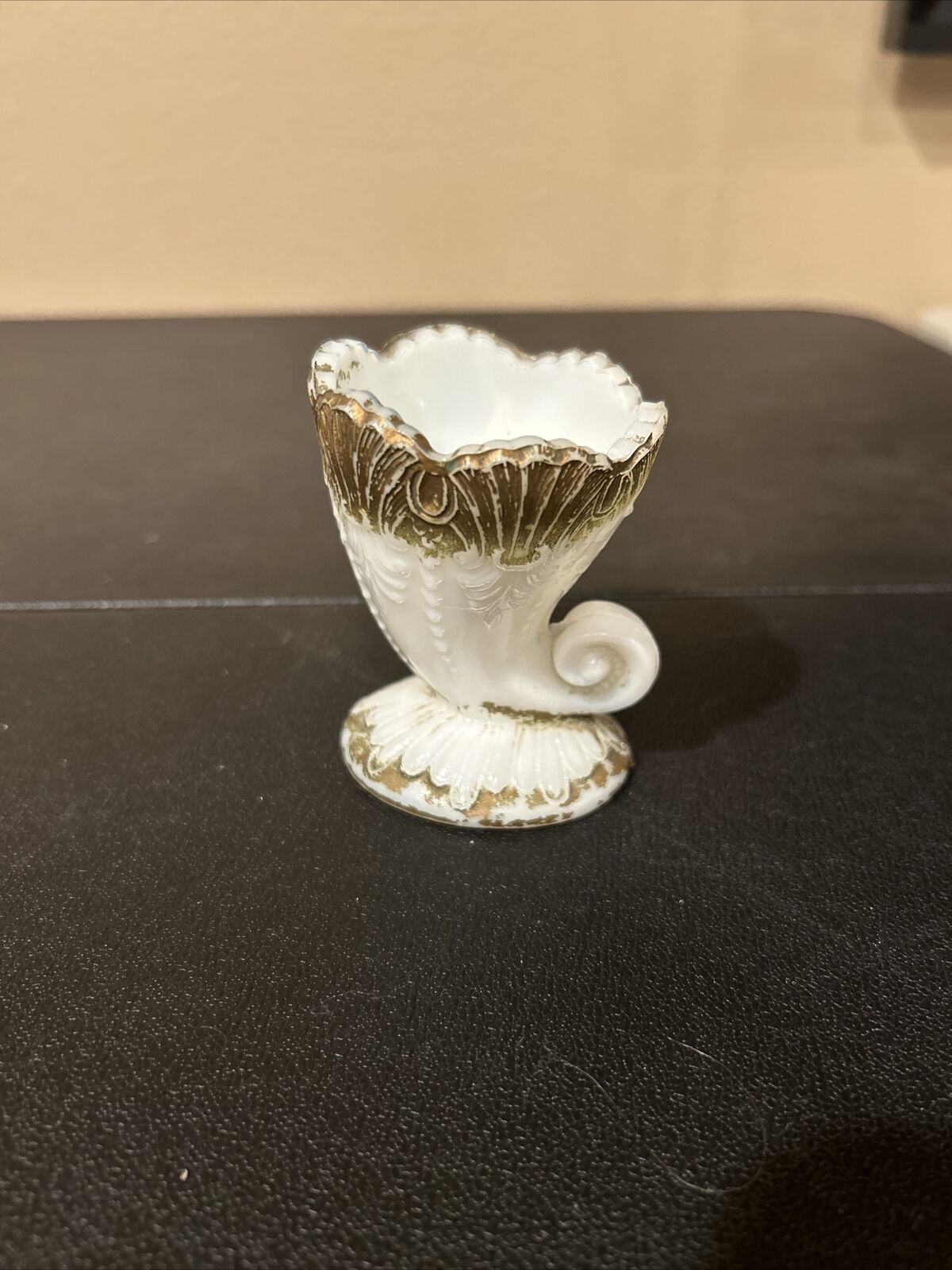 Victorian Milk Glass Cornucopia Toothpick Holder Gold Accents 