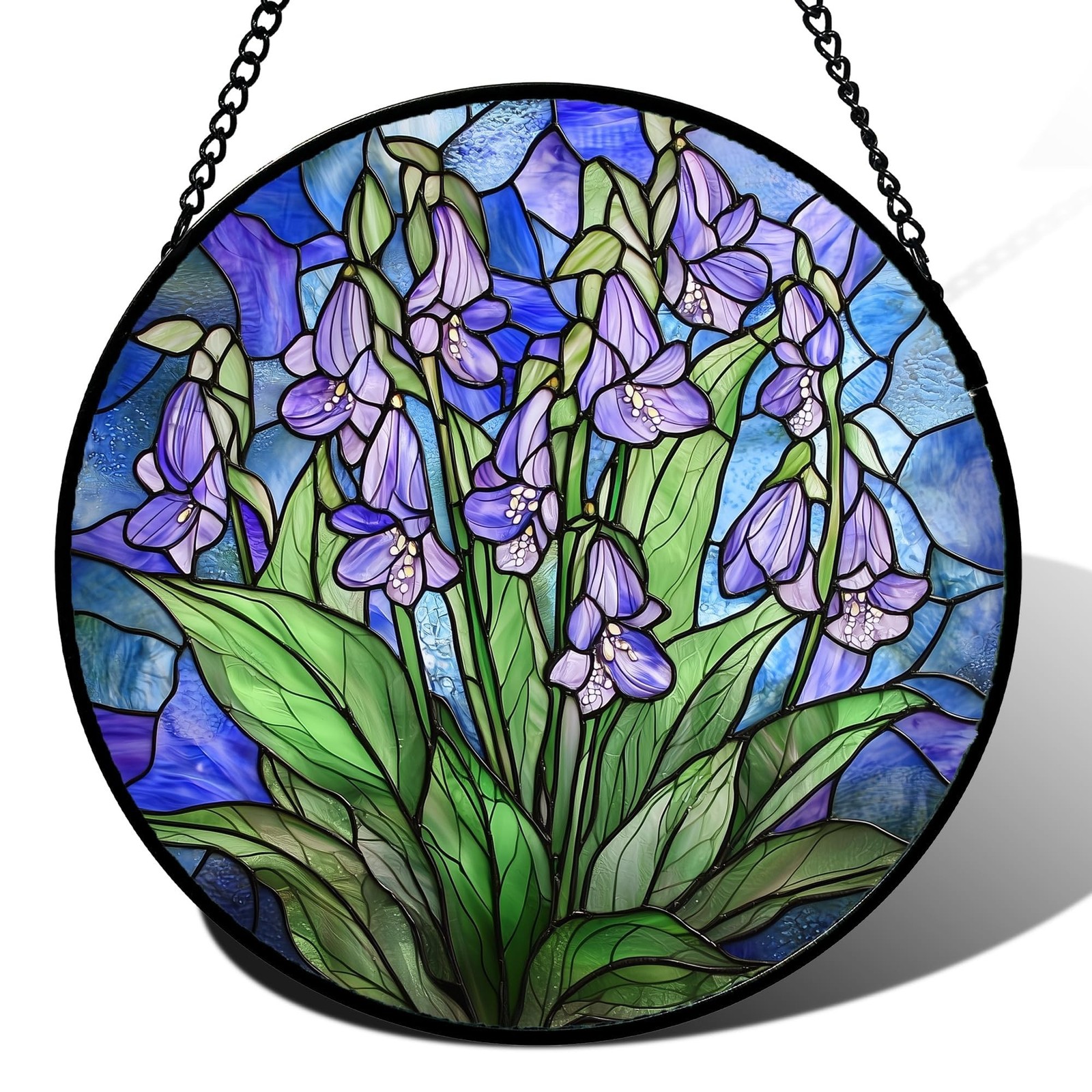 Stained Glass Suncatcher, Blue Purple Flowers Green Leaves Sun Catcher Plants...