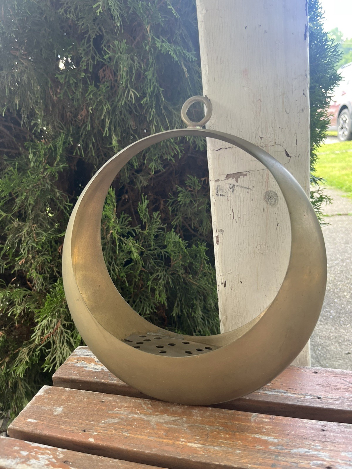 Vintage Japanese Ikebana Brass/Bronze Crescent Moon Hanging Flower Frog Planter