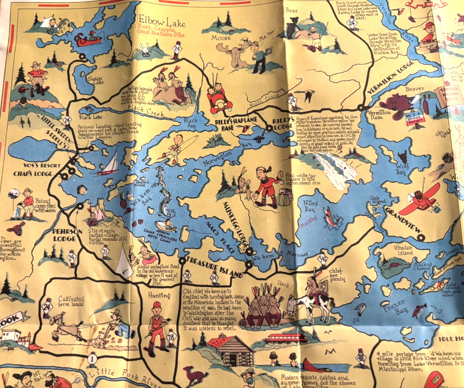 LAKE VERMILION Minnesota Large 40s Cartoon Map In Fold-Out Brochure