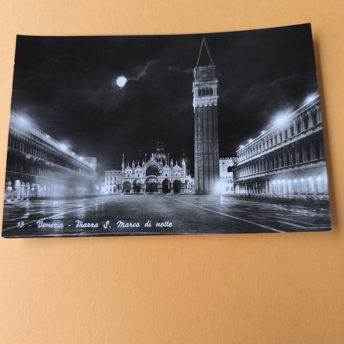 VENICE - PIAZZA S. NIGHT FRAME - BLACK AND WHITE POSTCARD TRAVELLED
