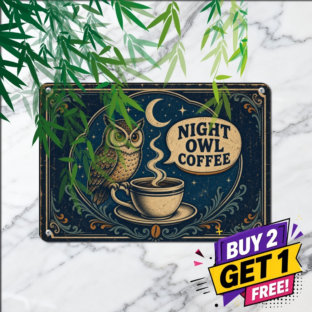 Night Owl Coffee Shop Tin Sign Crescent Moon Stars Cafe Kitchen Metal Plaque
