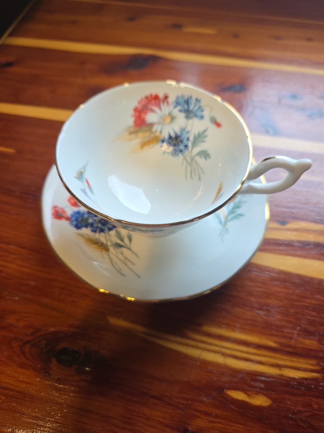 Vintage Heathcote Bone China Teacup & Saucer England Wildflowers, Poppies, Daisy