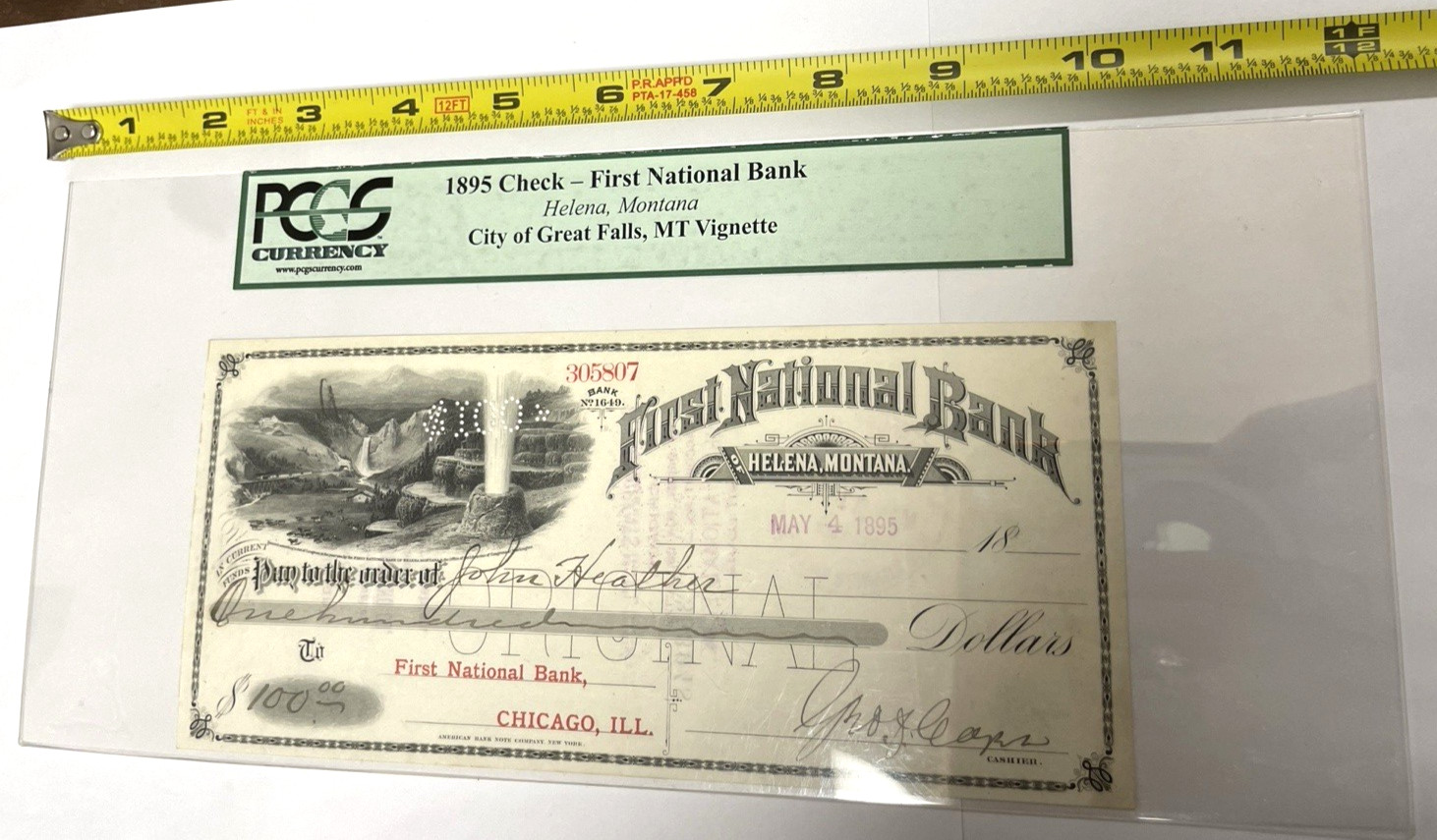 1895 Check - First National Bank City of Great Falls, Collectible Antique PCGS