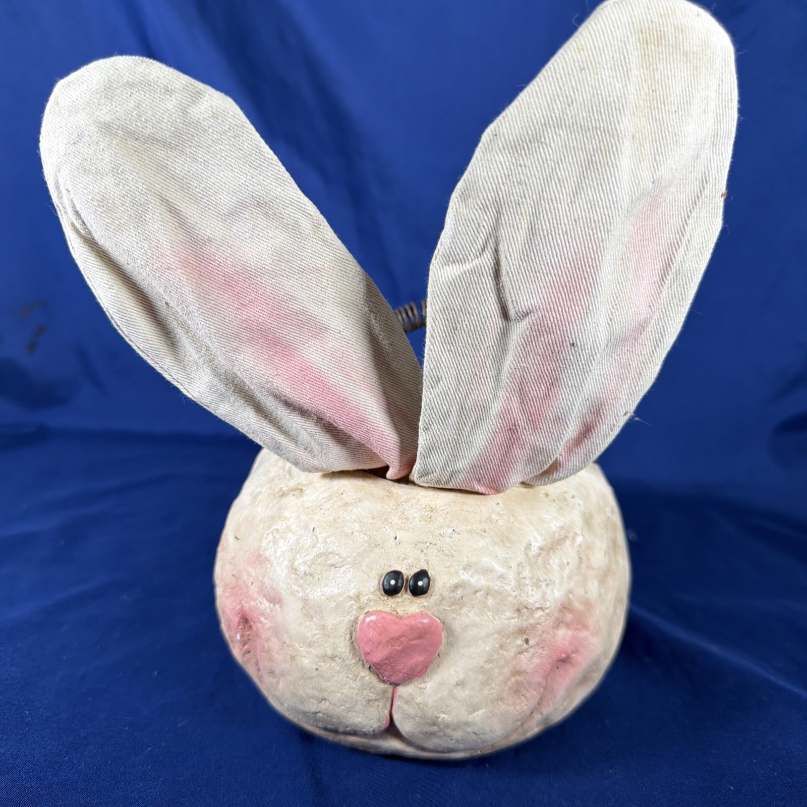 Folk Art Paper Mache Rabbit Bunny Cloth Ears Coiled Handle Easter Spring Decor