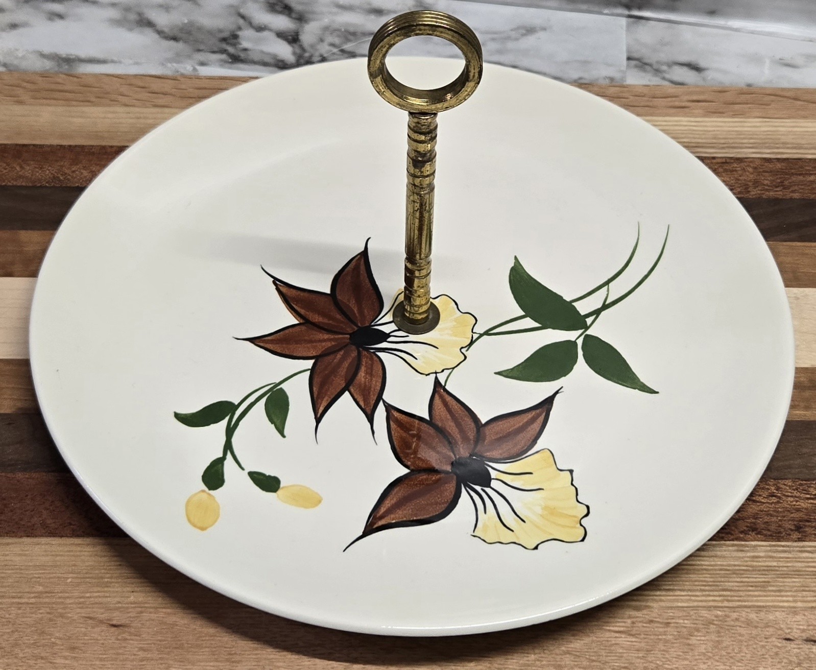 Vtg Blue Ridge Southern Potteries Tidbit Plate Tray Copper Handle Round Flowers