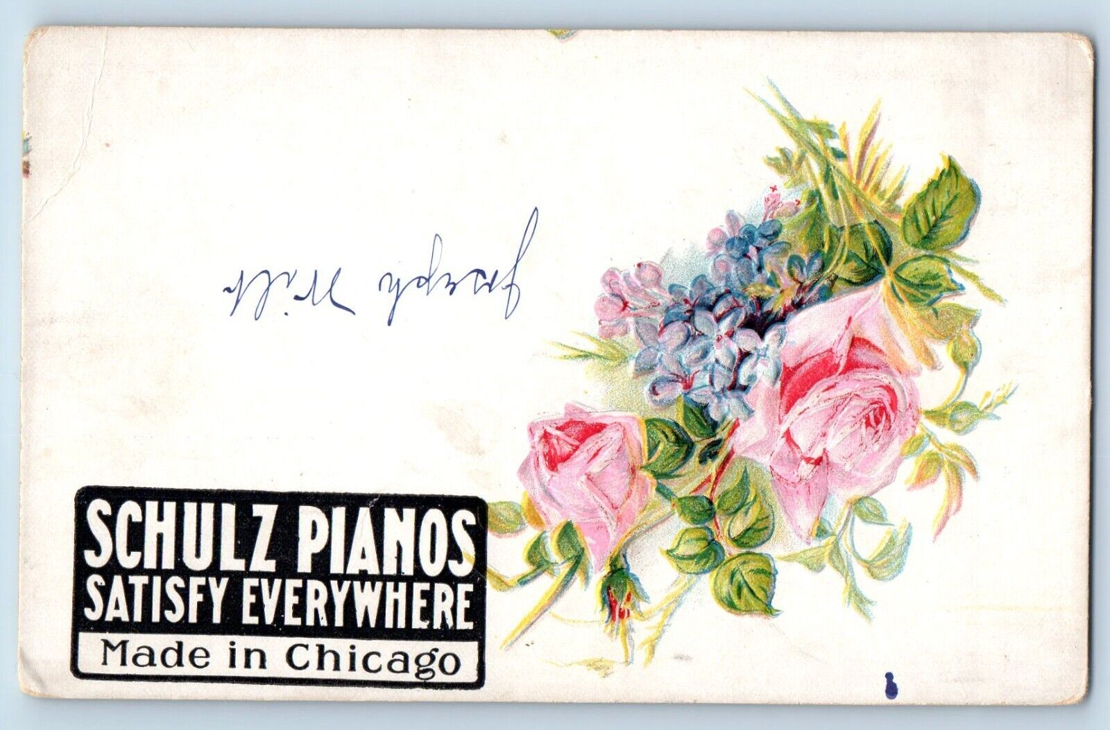 Chicago Illinois IL Postcard Schulz Pianos Satisfy Everywhere Flower Rose View