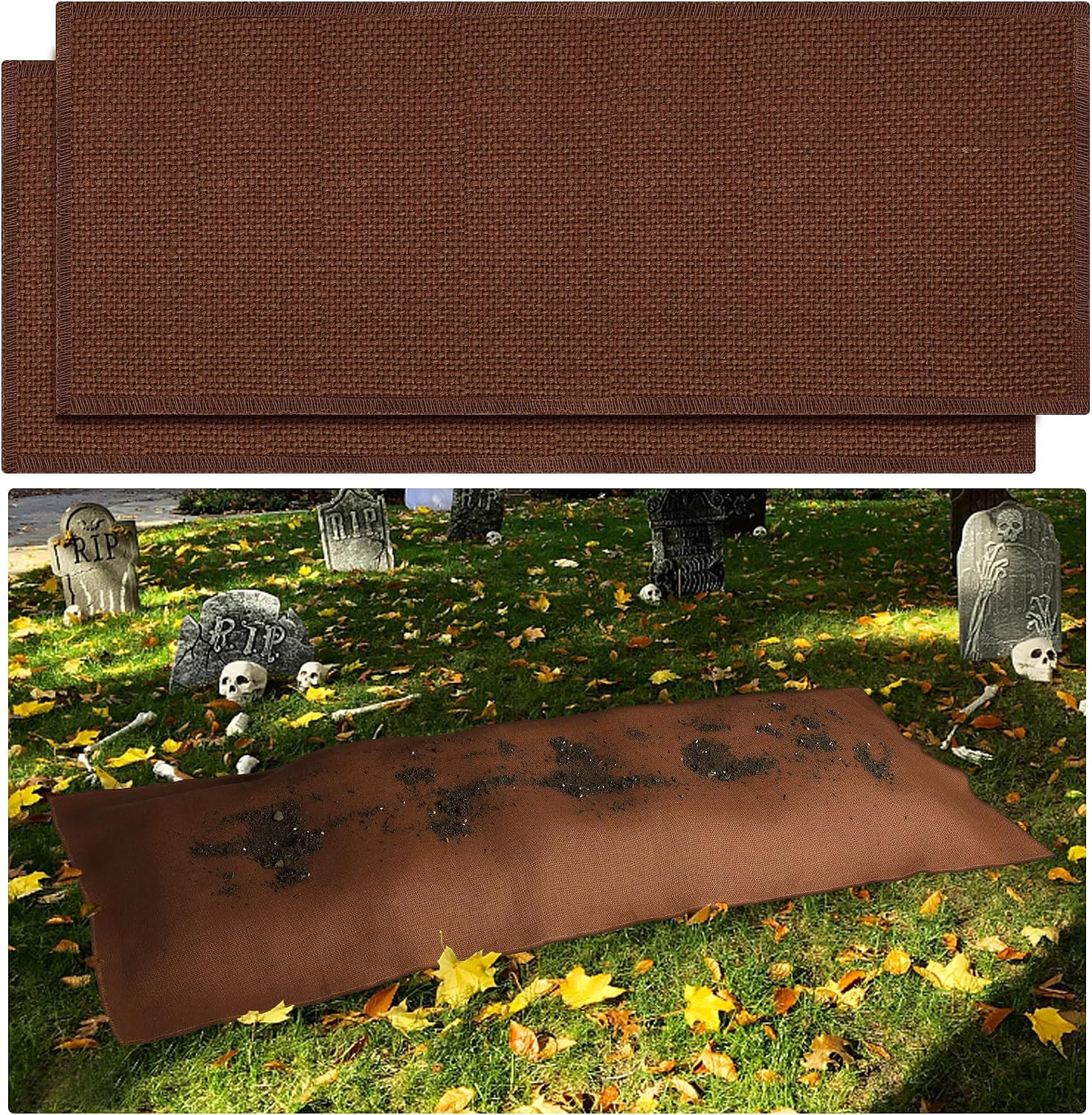 2 Pcs Halloween Grave Mound Cover, Brown Burlap Halloween Graveyard Props