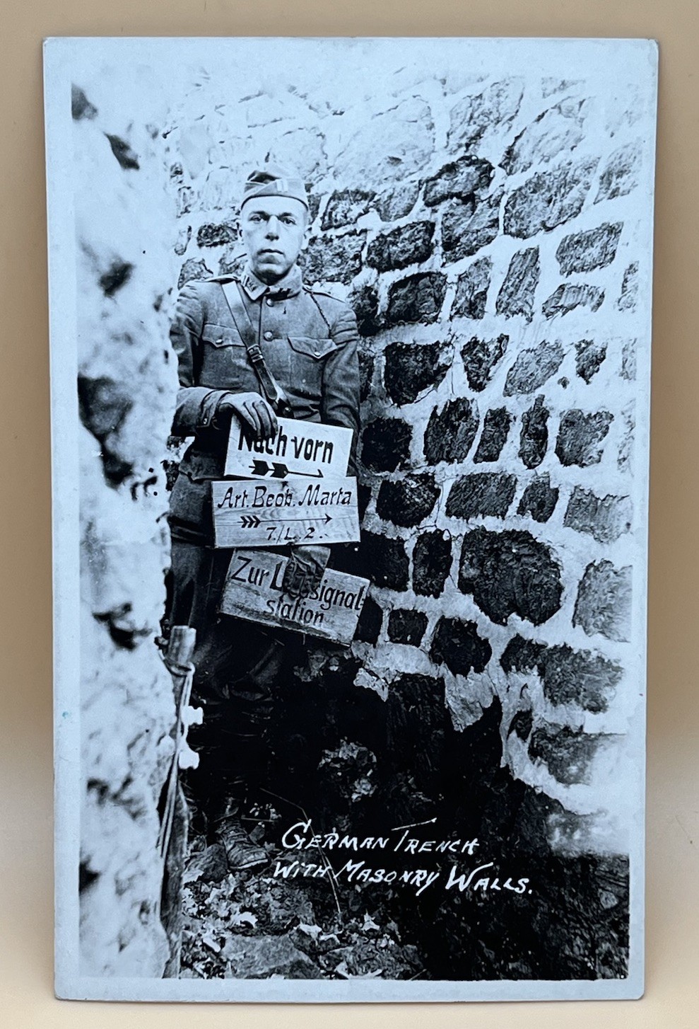 WWI RPPC Postcard Captured German Trench Masonry Walls-Doughboy Soldier-AZO