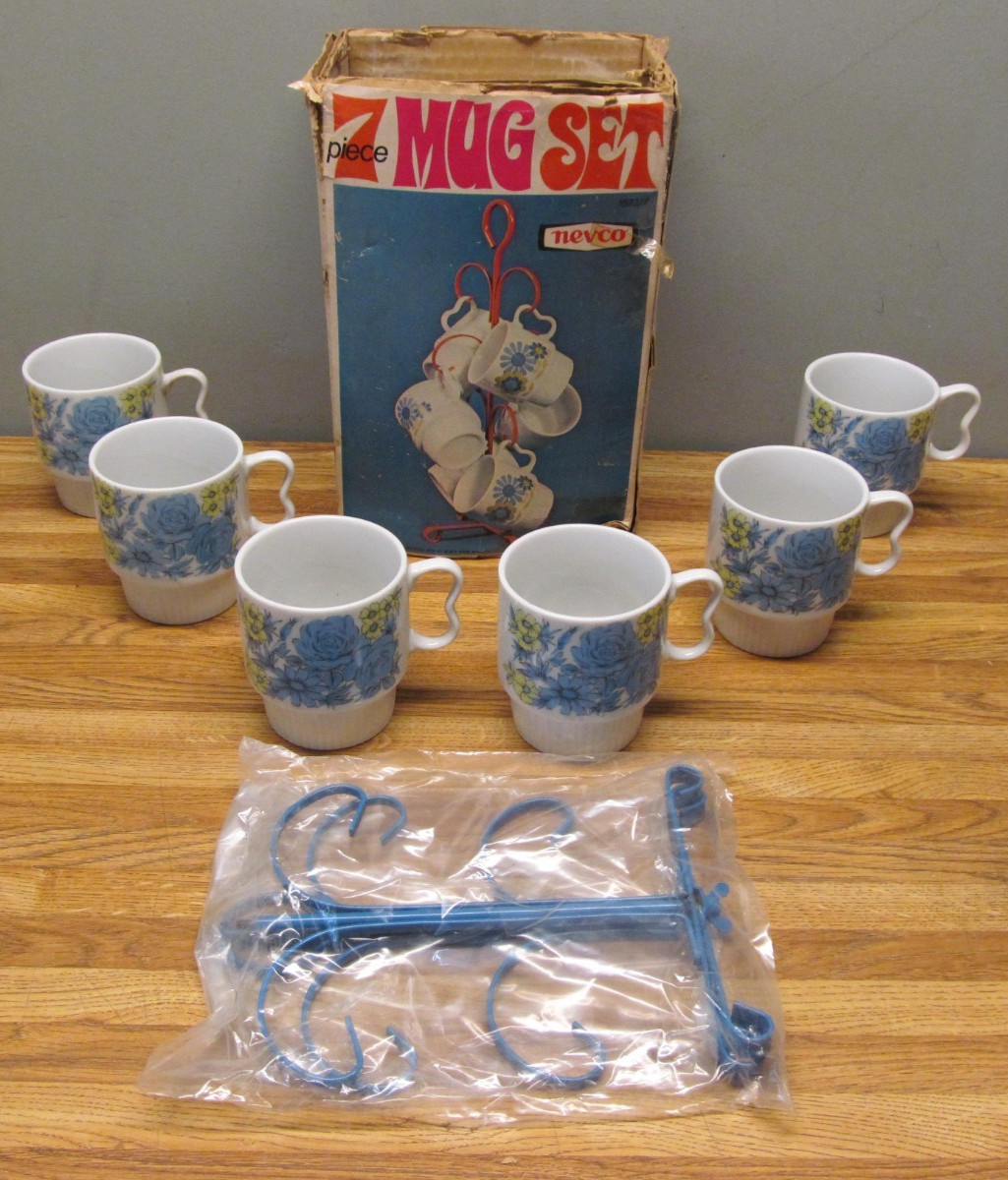 Vintage NEVCO 7 Piece Mug Set New/old Stock In Box Floral Design MCM Japan