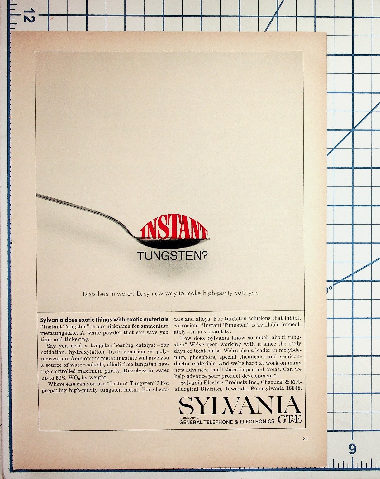 Vintage 1960s Sylvania Instant Tungsten Magazine Ad Ephemera GTE Chemicals