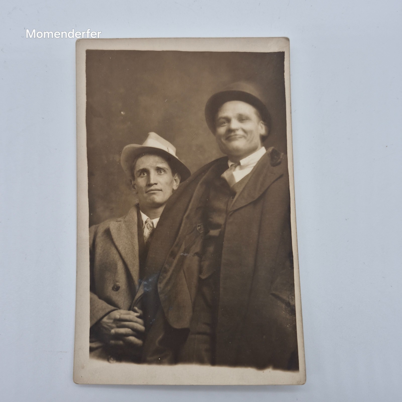Antique RPPC Two Men Fedora & Bowler Hat Overcoats Studio Portrait c1910s-20s