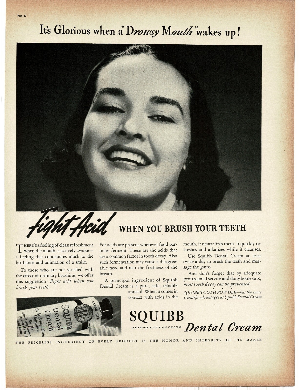 1938 Squibb Dental Cream Toothpaste fight acid Pretty Girl Vintage Print Ad 1