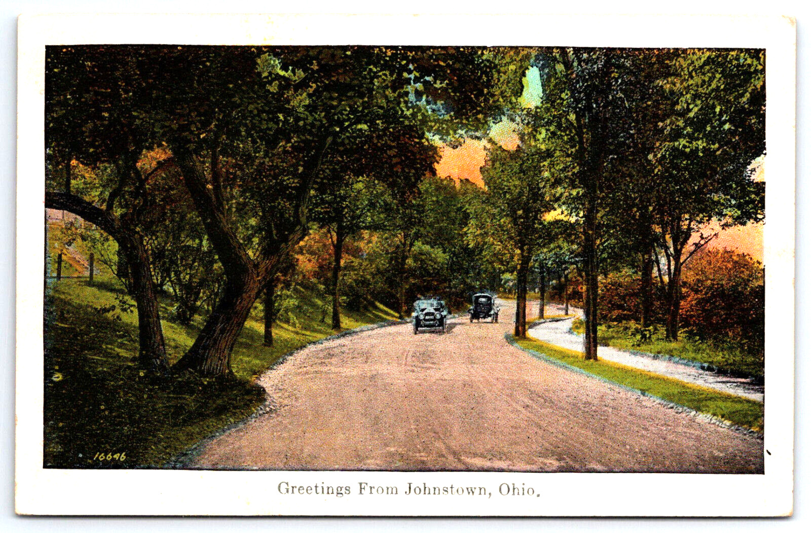 Vintage Postcard OH Johnstown Greetings Old Cars Dirt Road -1834