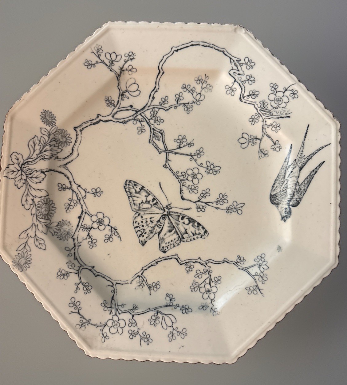Vtg 1800’s Victorian Aesthetic Movement Octagonal Plate Butterfly Swallow Bird