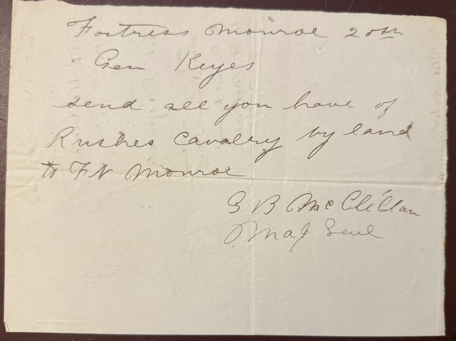 George B. 1862 McClellan Civil War Field Order—Rush’s Lancers to Fortress