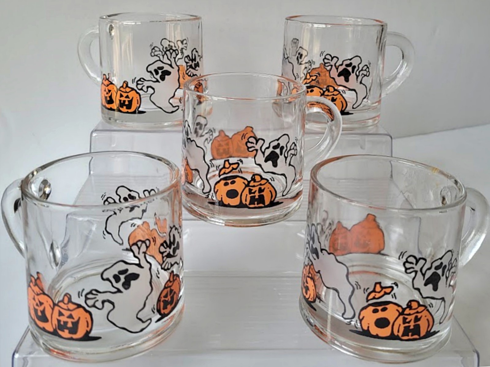 Vintage Halloween Mug Luminarc LOT of 5 Glass Cups Clear Ghost Jack O\' Lantern Vintage Halloween Mug Luminarc LOT of 5 Glass Cups Clear Ghost Jack O\' Lantern