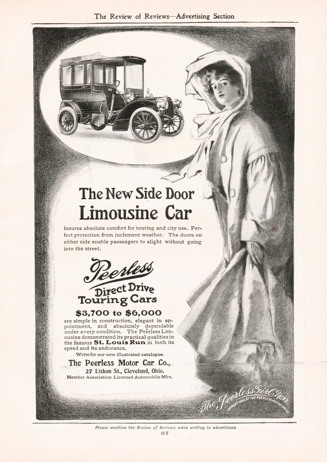 1904 Peerless Motor Car Co. Limousine Cleveland OH St Louis Run VTG Full-Page Ad