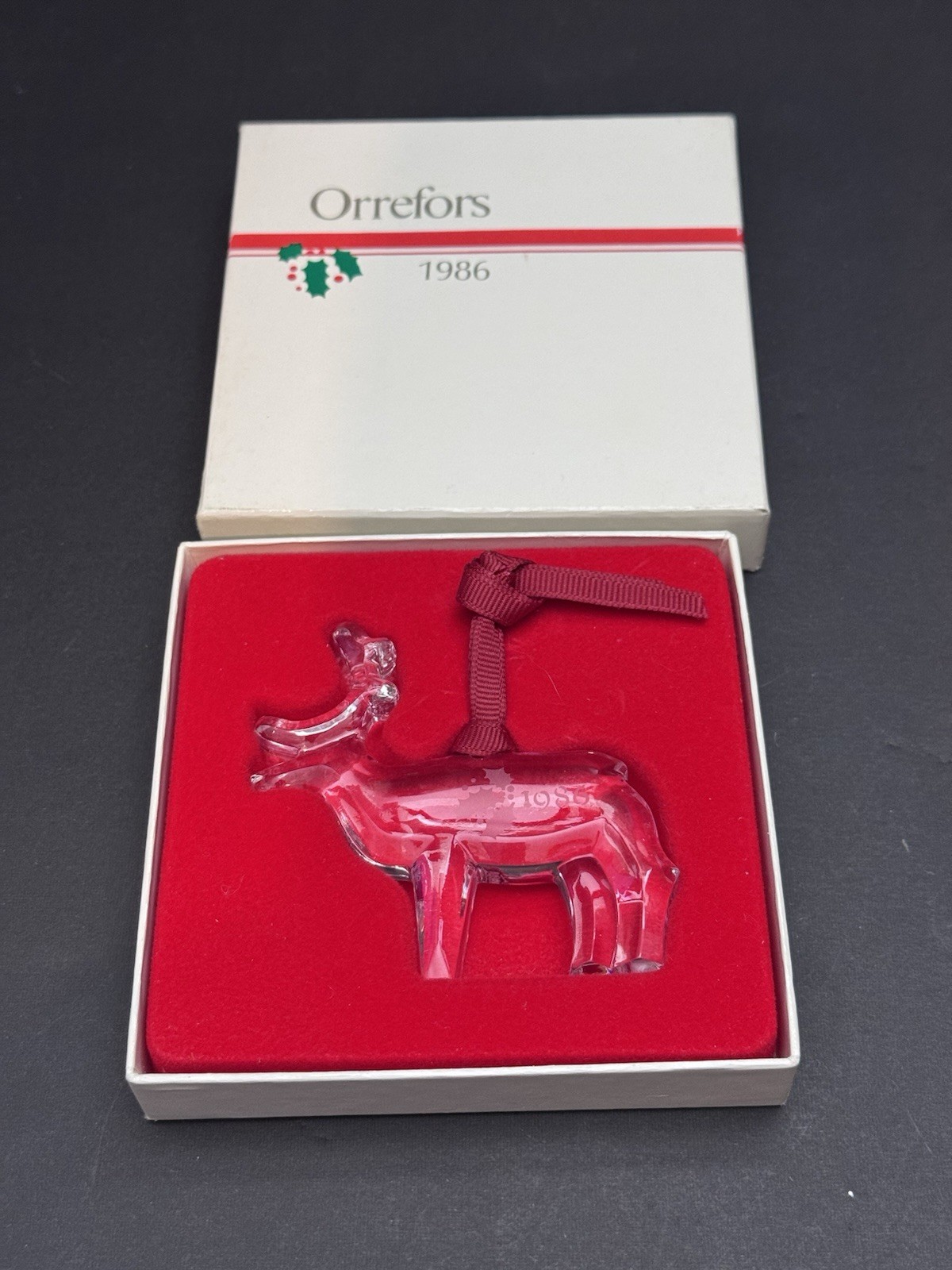 1986 ORREFORS CRYSTAL REINDEER Box CHRISTMAS Tree ORNAMENT