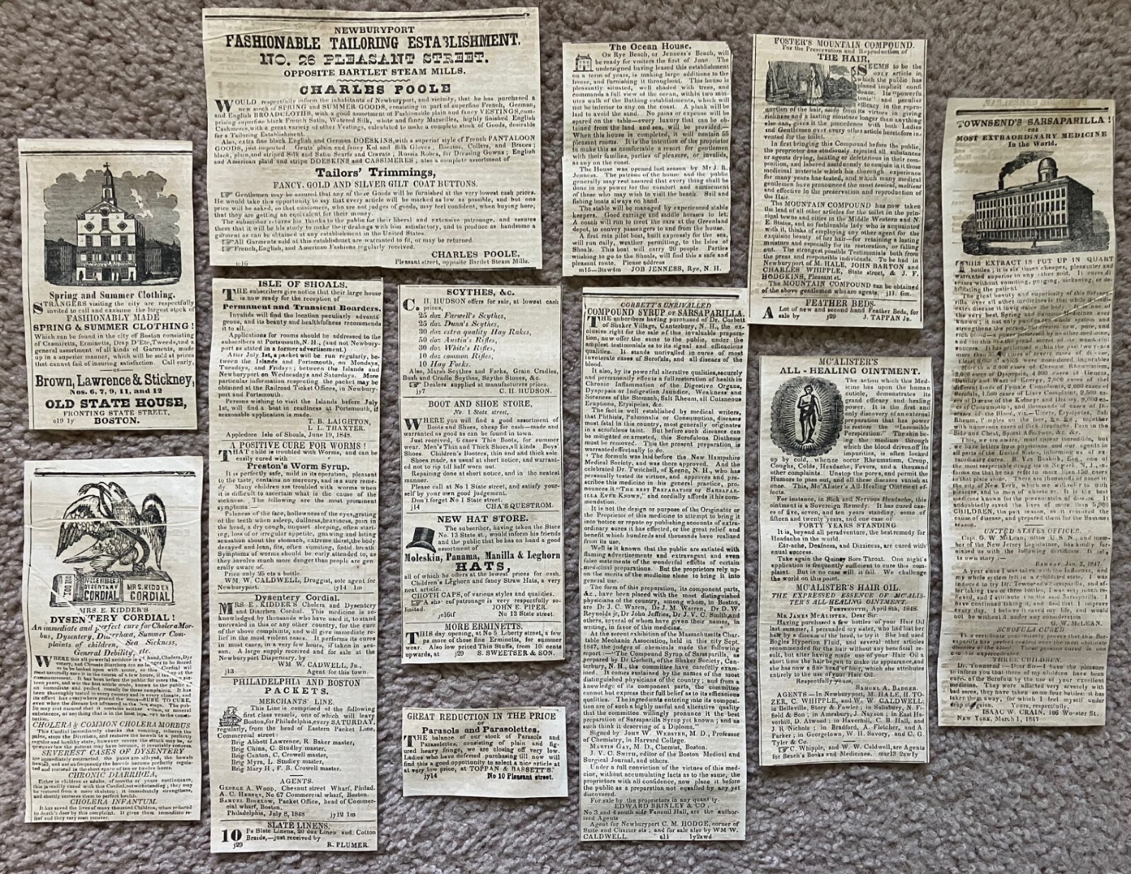 Antique Antebellum 1840's Ephemera Newspaper Advertisements Clippings Lot of 16