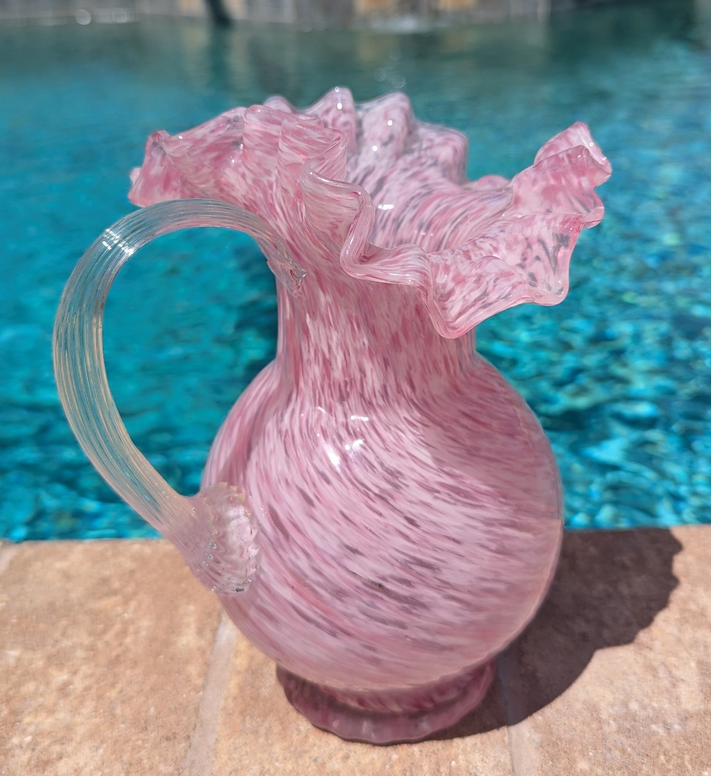 Vtg Fenton Vasa Murrhina Rose Mist Pink Spatter Swirl Glass Ruffled Pitcher 