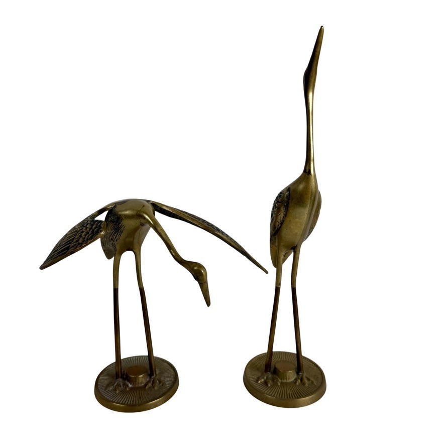 Vintage Pair Brass Crane Heron Egret Bird Figurines Statues MCM Coastal Decor
