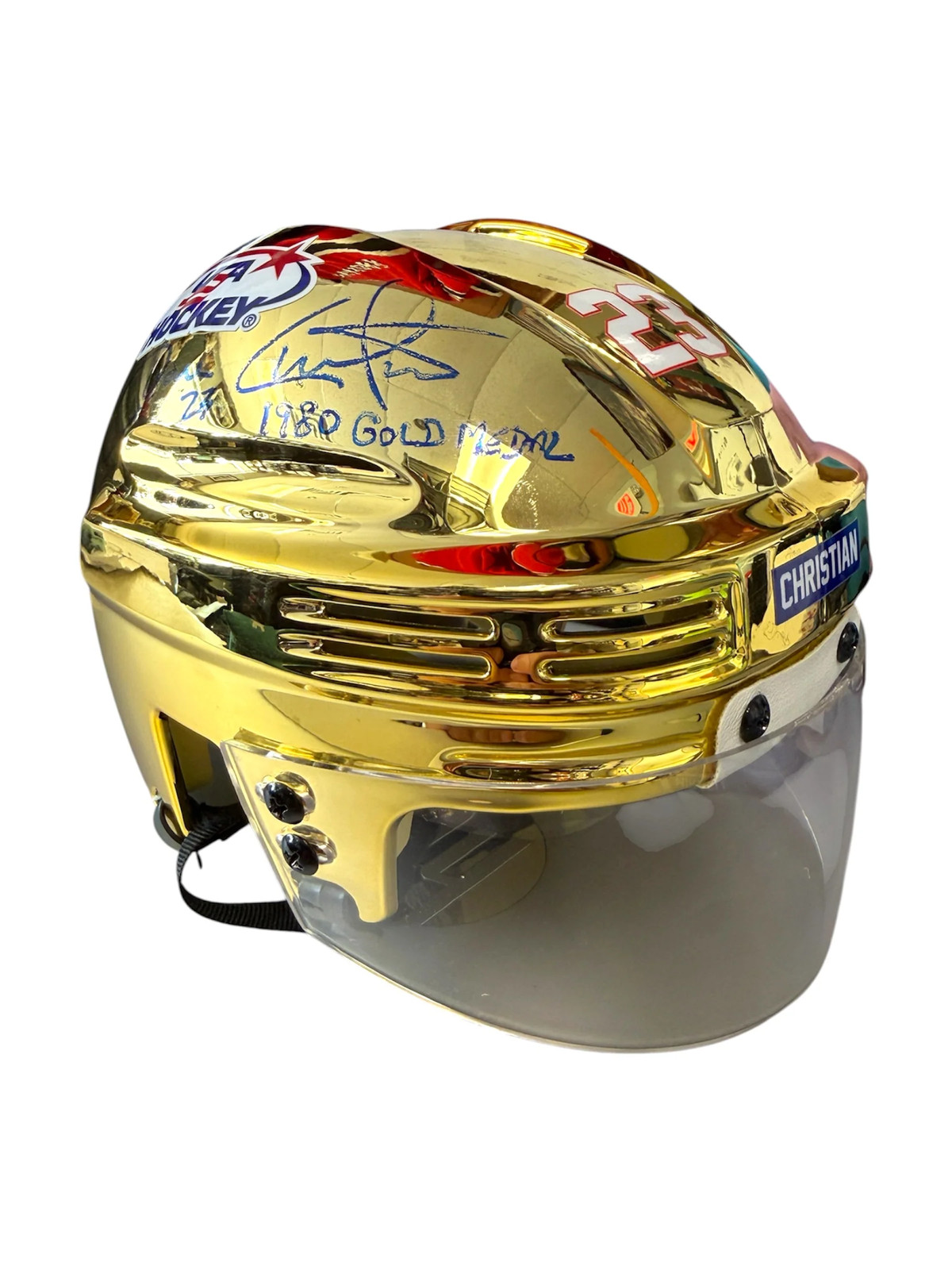 Dave Christian Signed USA Hockey Miracle on Ice Gold Mini Hockey Helmet