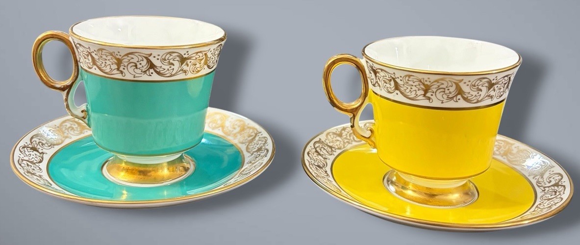 Vintage Adderley Demitasse Cups Saucers Set 2 Turquoise Yellow Gold Bone China