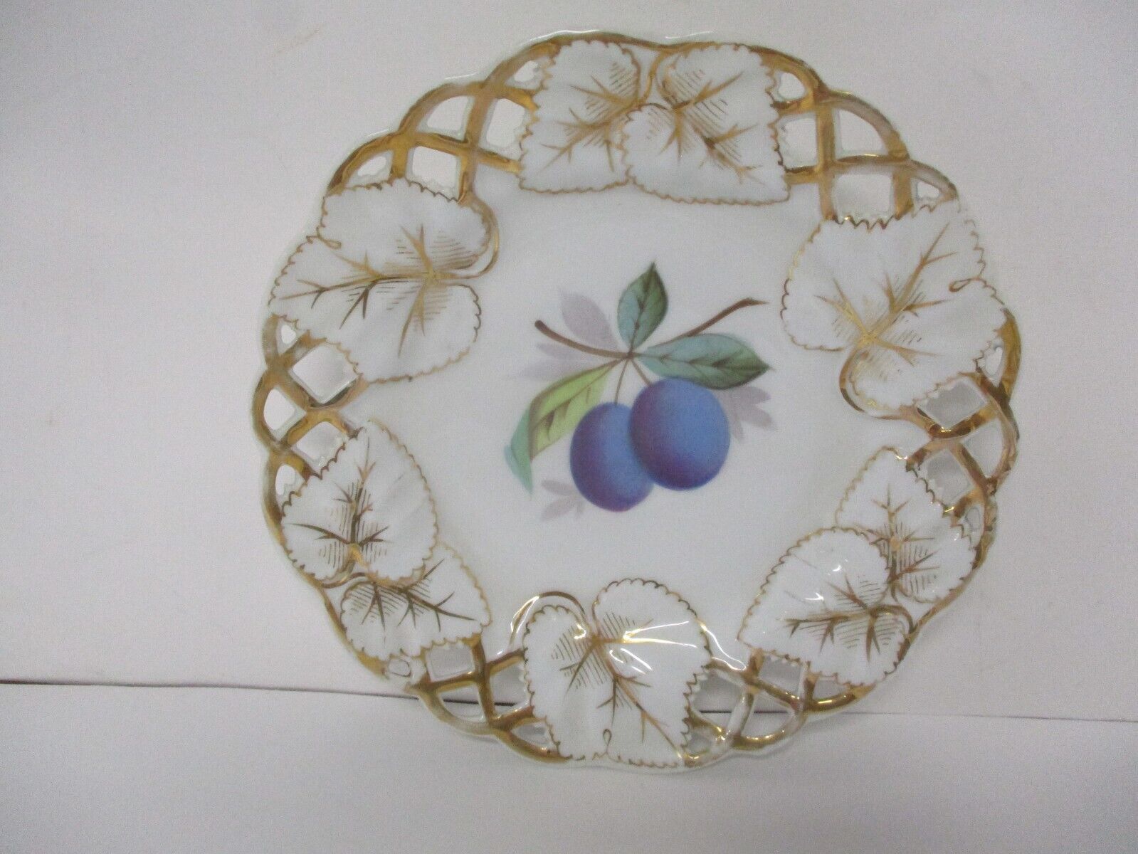 Vintage Hand Painted Plums and Gold Trim Reticulated Pierced Edge Plate