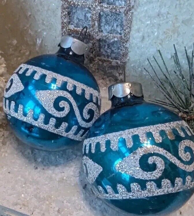 Vtg Blue White Stencil Glass Christmas Ornament Greek Key Lot 2 Mica Shiny Brite