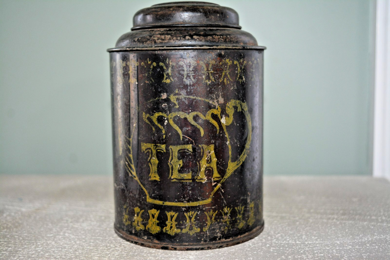 Antique Black Stenciled Tea Tin, Primitive Country Farmhouse Kitchen Decor