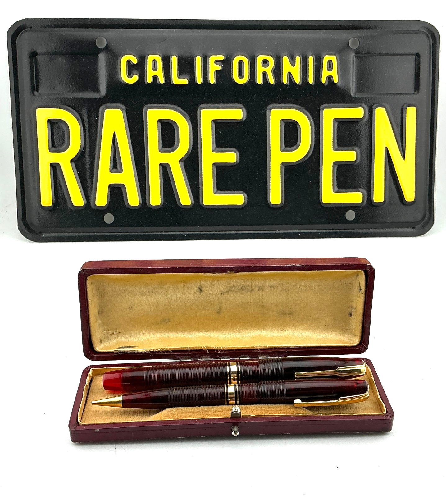 Vintage WATERMAN 100 YEAR  Ribbed RED Lucite Fountain Pen & Pencil 14K M Flex