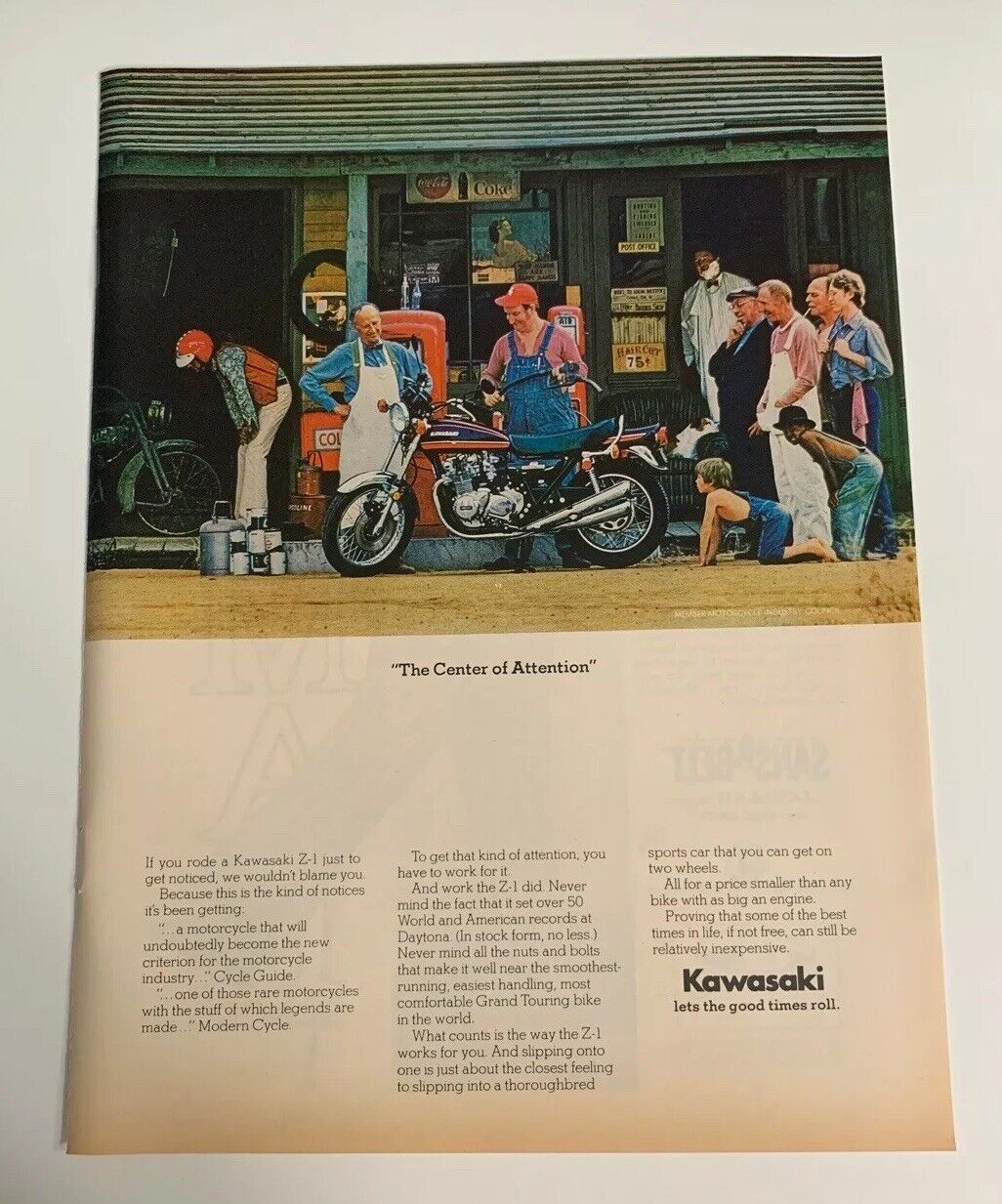 1974 Kawasaki Z-1 Motorcycle Center Of Attention Print Ad Advertising Vintage