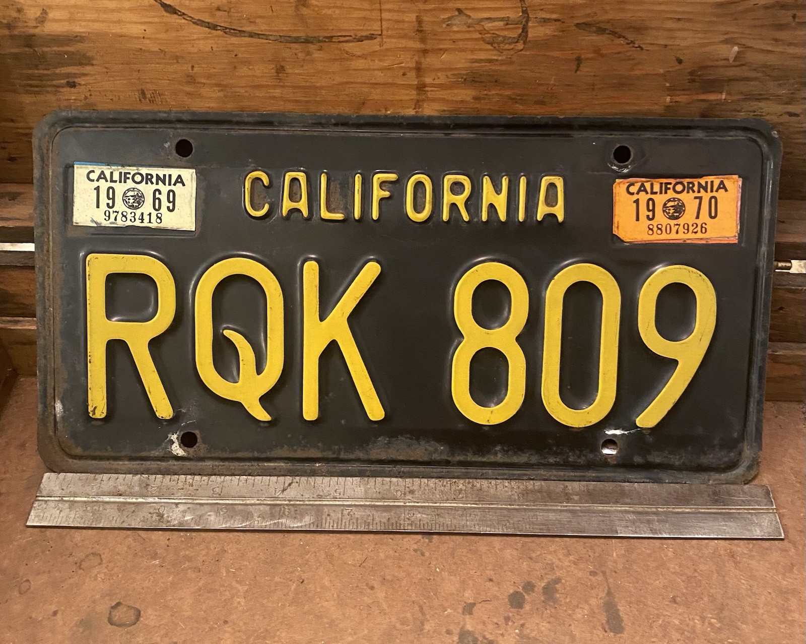 Original 1963 California black license plate – RQK 809
