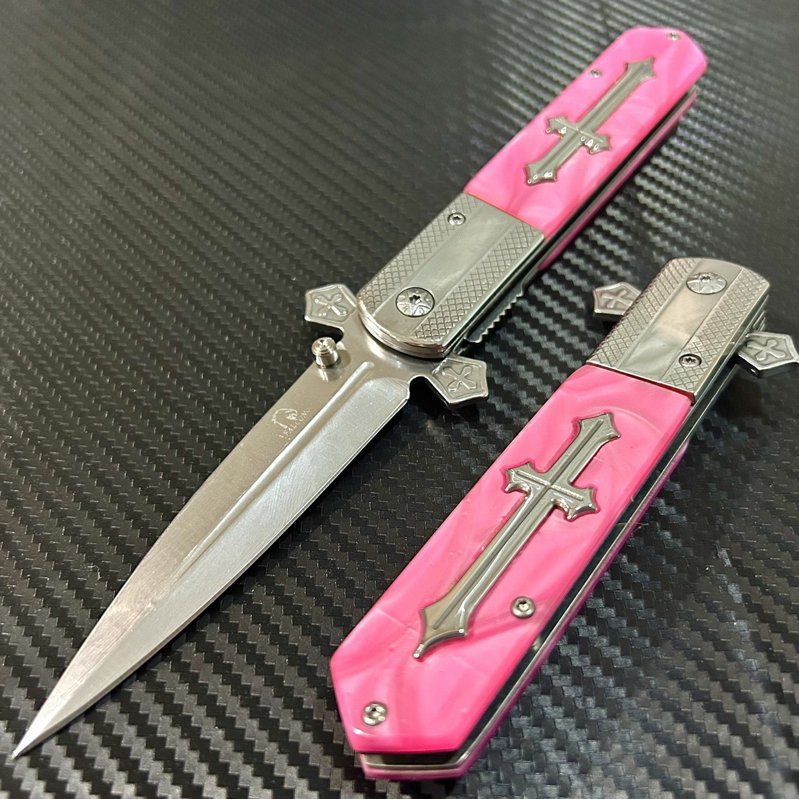 9” Pink Pearl Cross Tactical Spring Assisted Folding Pocket Knife Girl’s Knife