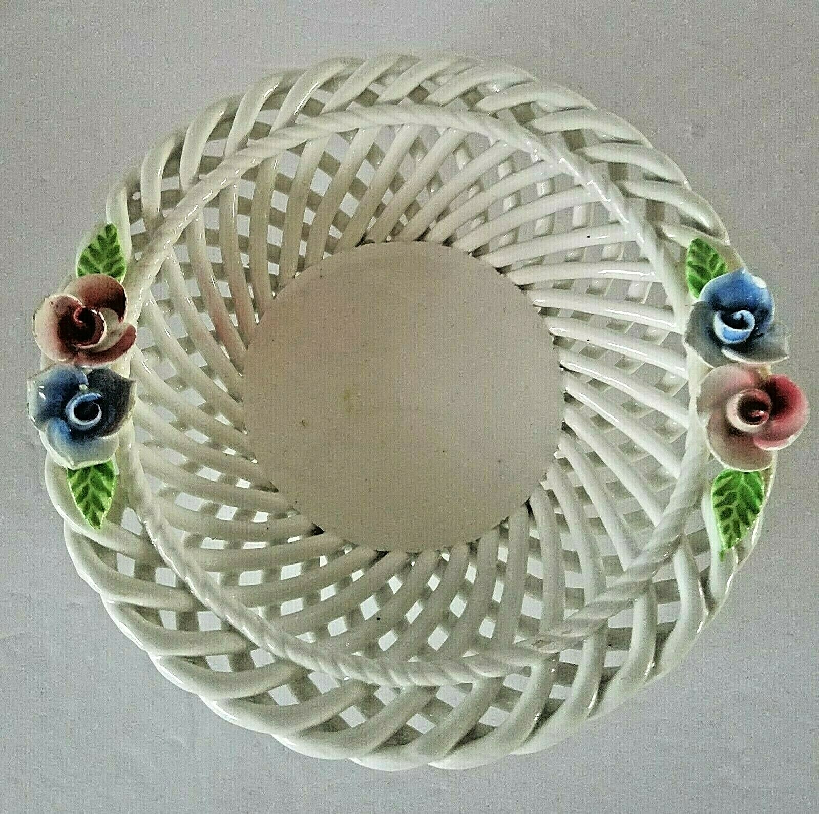 Vintage Ceramic White Lattice Plate WITH FLOWERS Made in Spain Porcelain ROUND
