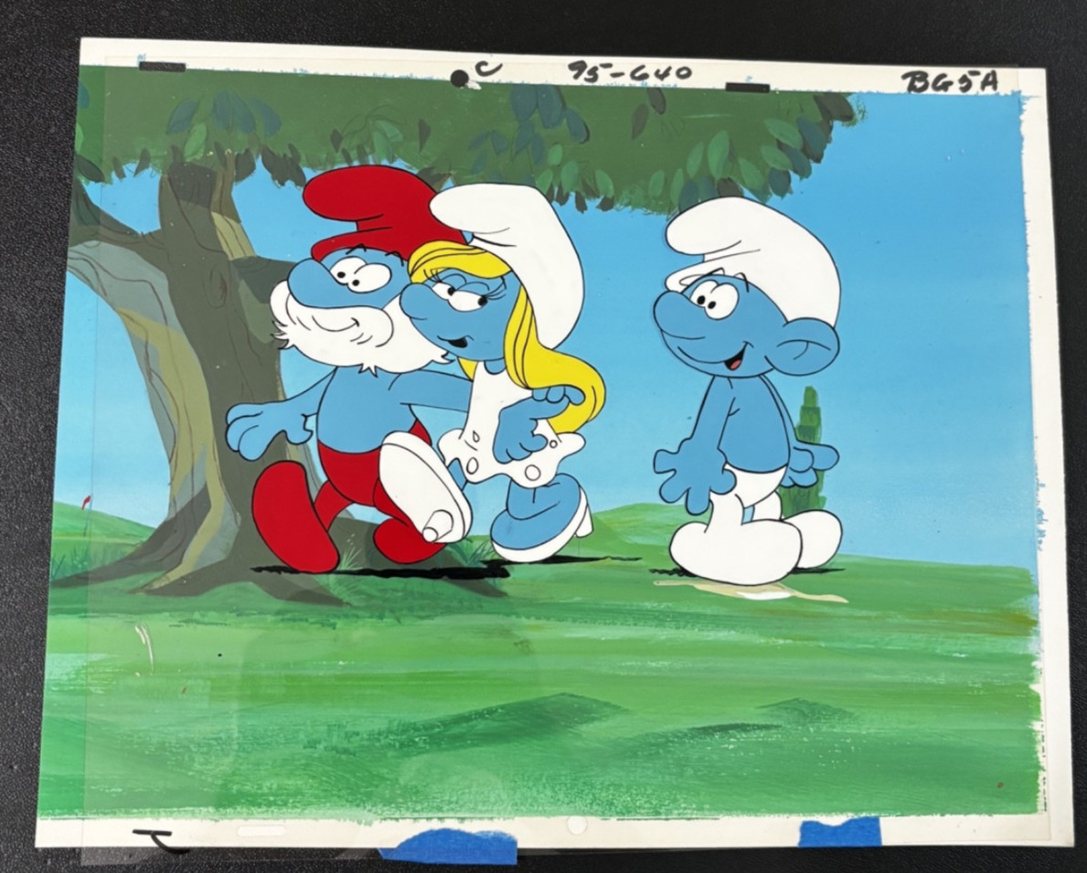 HUGE The Smurfs production cel background 80's cartoons Smurfette Hanna-Barbera
