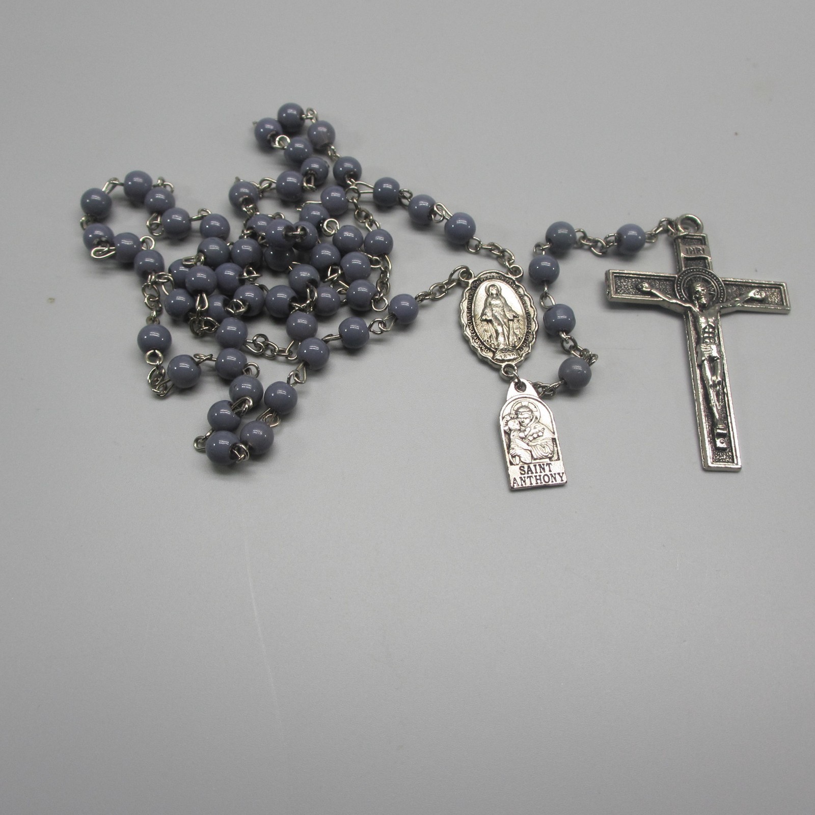 Vintage Rosary Blue Gray Beads St Anthony Pray For Us Medal Silver Tone Vintage Rosary Blue Gray Beads St Anthony Pray For Us Medal Silver Tone