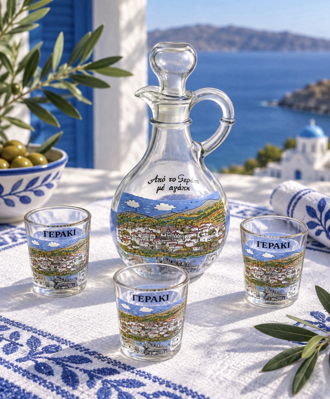 Vintage Greek Geraki Glass Decanter & 3 Shot Glasses Souvenir Set-Hand Painted