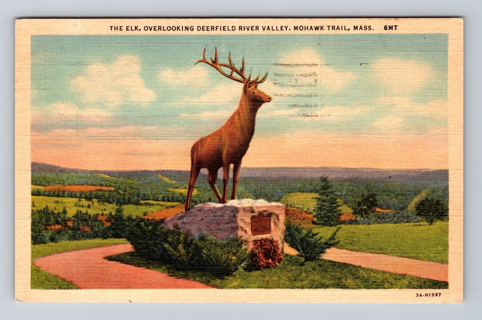 Mohawk Trail MA-Massachusetts, The Elk, Deerfield River Vintage c1953 Postcard