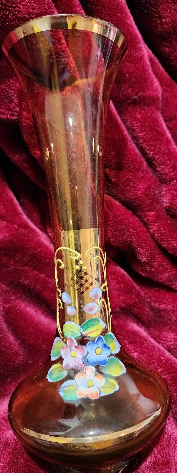 Vintage Amber Glass Handpainted Gold And Floral Gilded Vase , Nasco Japan 8 Inch