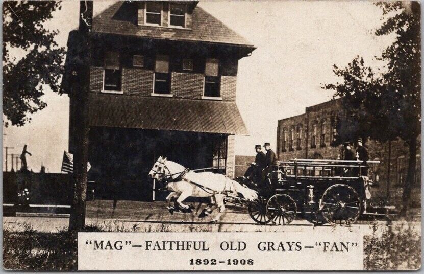 1908 ELKHART, Indiana Real Photo RPPC Postcard Fire Engine w/ Horses MAG & FAN