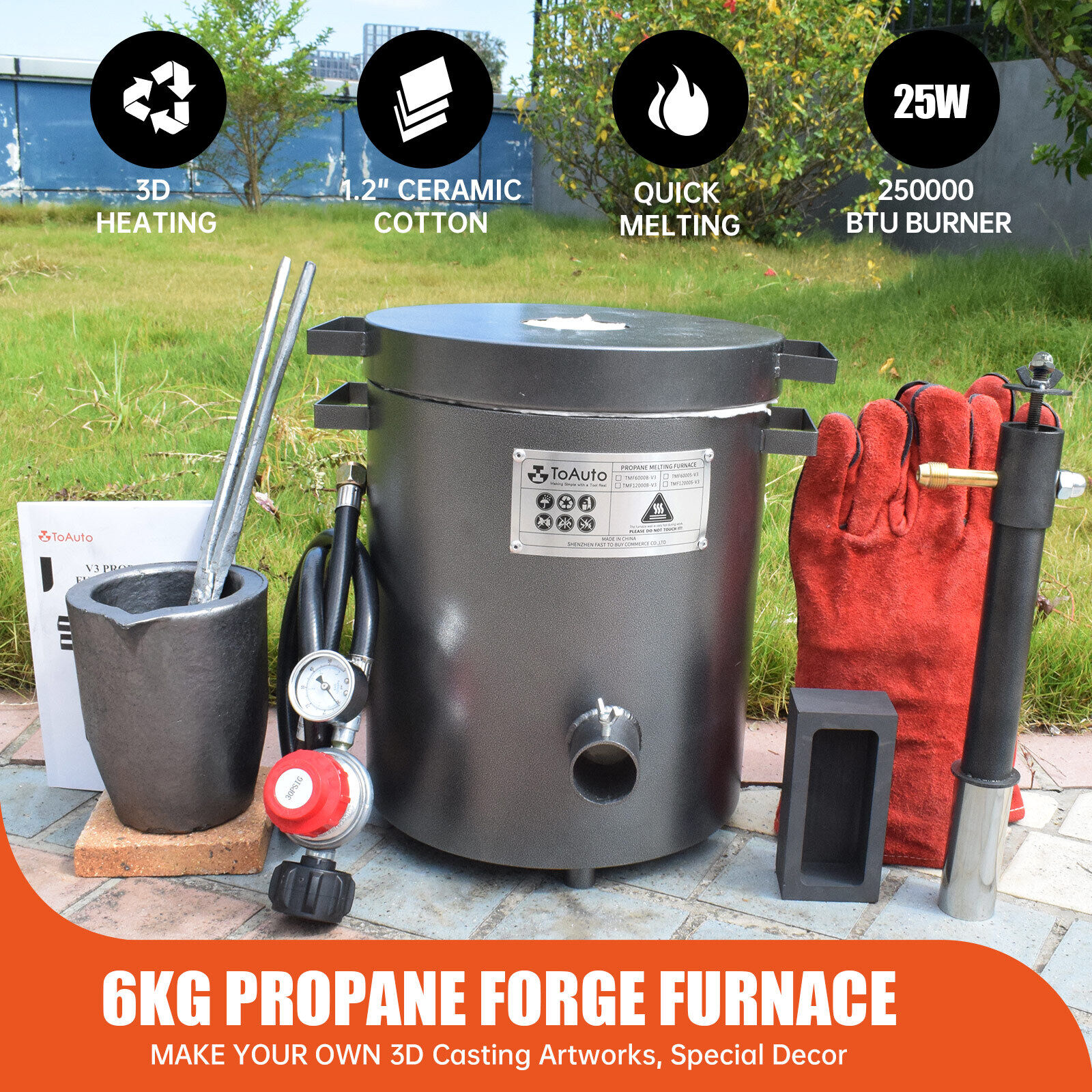 6KG Propane Melting Furnace Kiln Kit Smelt Scrap Metal Gold Silver Copper 2372°F