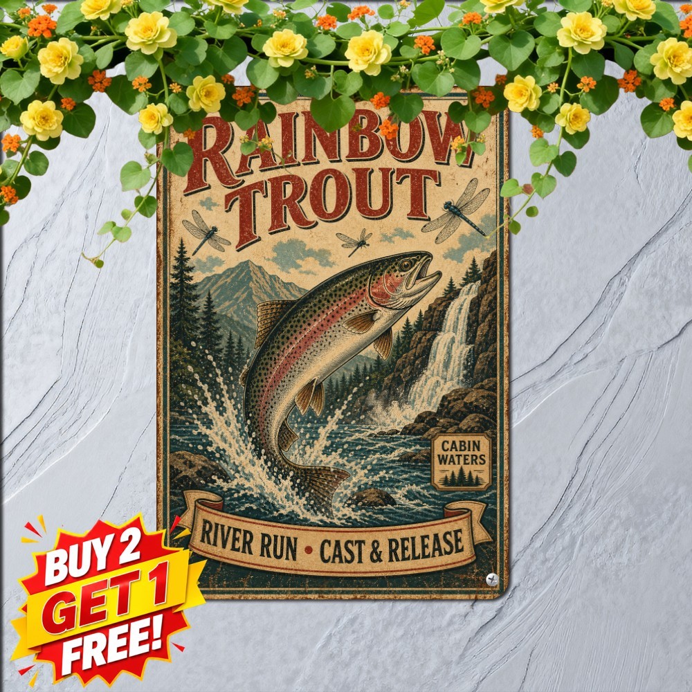 Rainbow Trout Leaping Water Sign Rustic Freshwater Fishing Metal Plaque