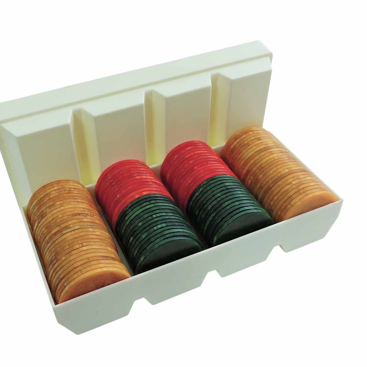 Crisloid Poker Chips Catalin Bakelite Set of 110 Butterscotch Red Green w/ Case