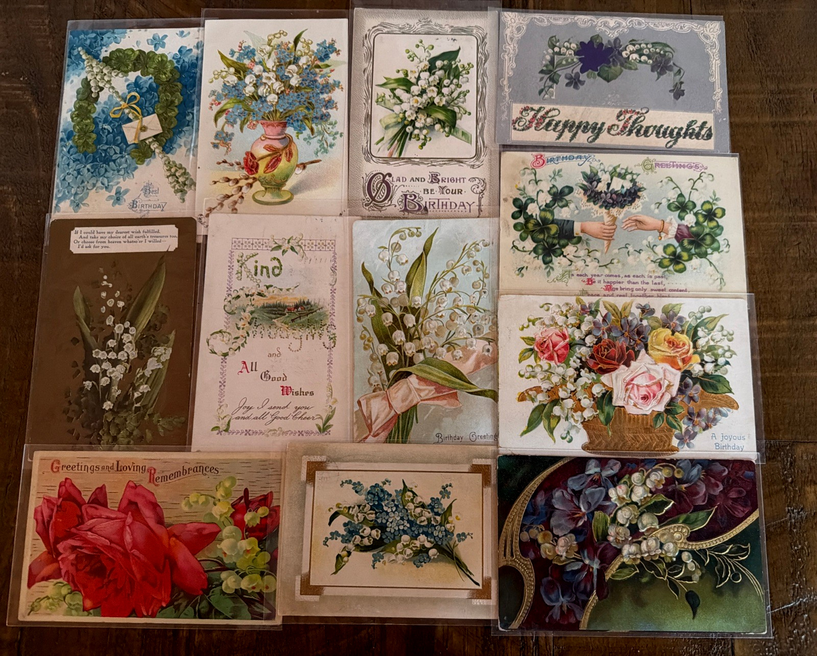 Pretty Lot of 12 Antique Greetings Postcards w. Lily of the Valley Flowers~s626