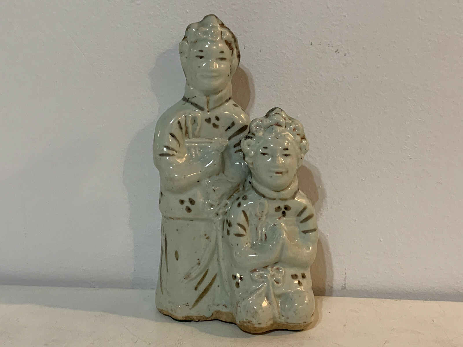 Antique Likely Staffordshire Pottery Figurine of 2 Figures w/ 1 Kneeling