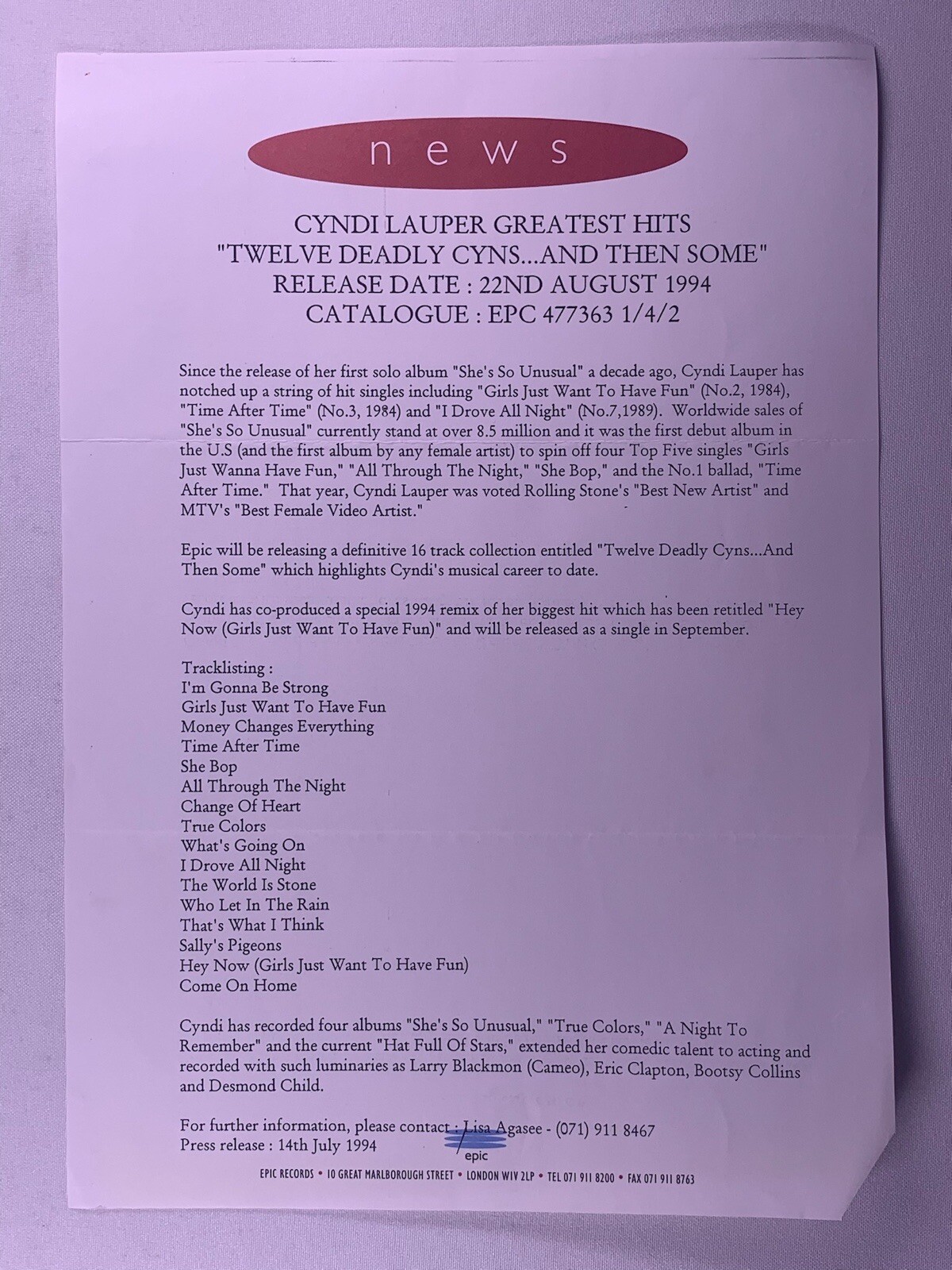 Cyndi Lauper Press Release Original Epic Twelve Deadly Sins and then Some 1994