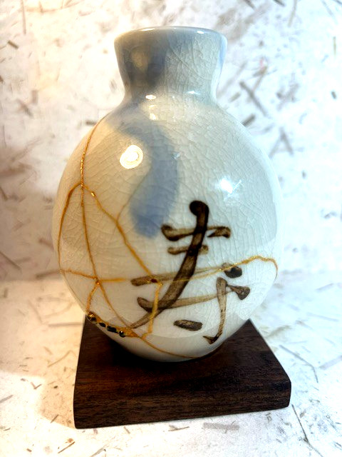 Kintsugi Japanese style repair technique,ceramic Japanese vase w/sea glass, VG