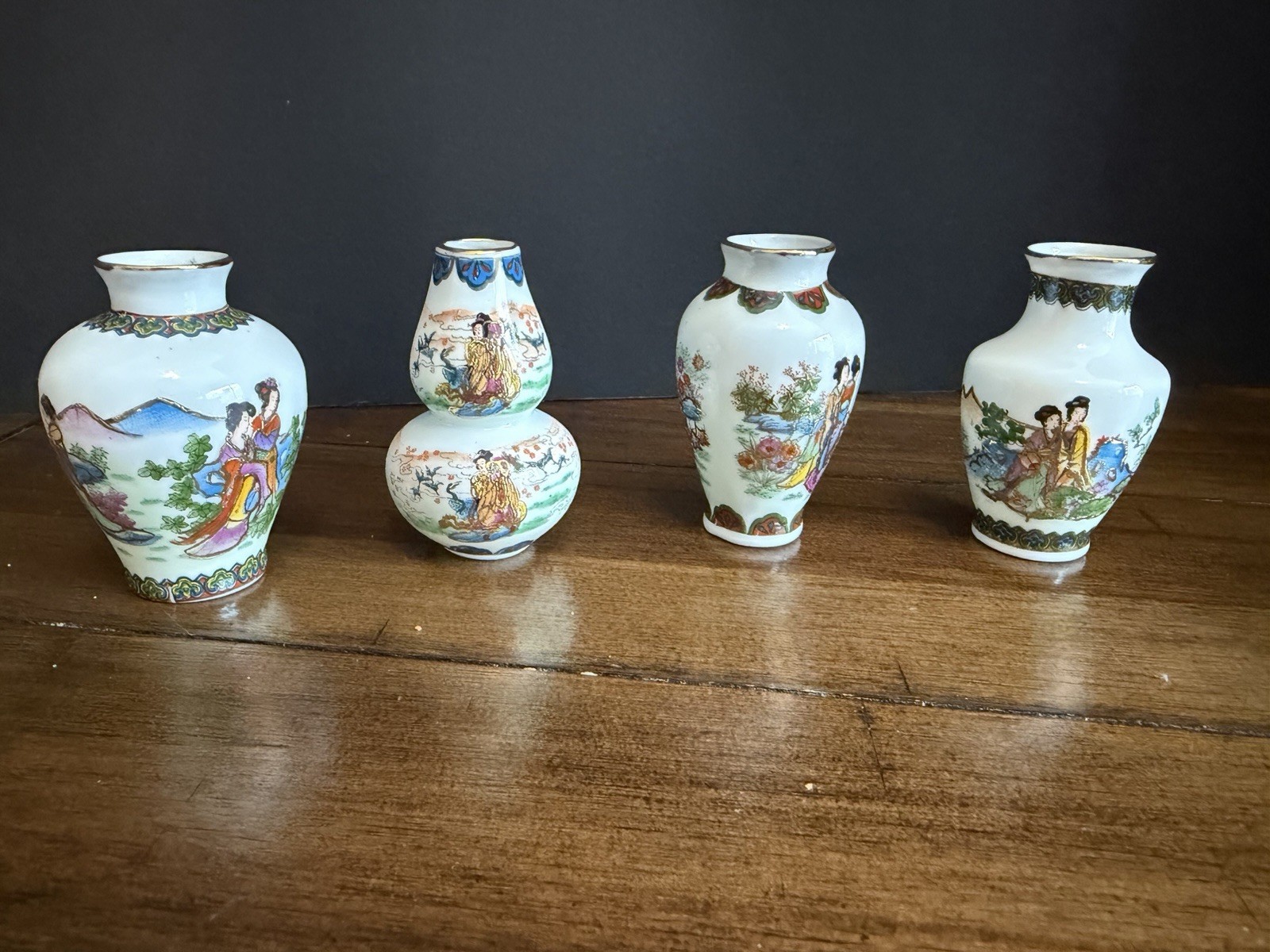 Vintage Chinese Style Miniature Porcelain Vases Set of 4 Asian Ladies Floral Vintage Chinese Style Miniature Porcelain Vases Set of 4 Asian Ladies Floral